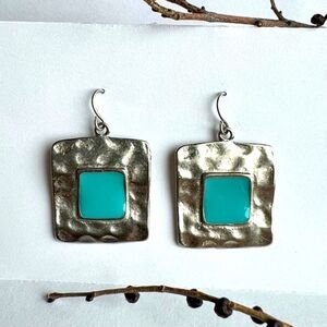 Silver Tone Pierced Earrings with Turquoise Colored Stone